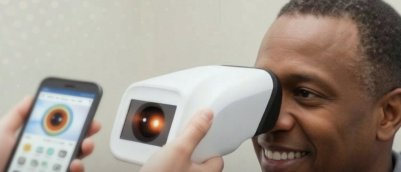 A technician holding a handheld retinal camera to a seated patient's eye while the retinal image appears on a phone